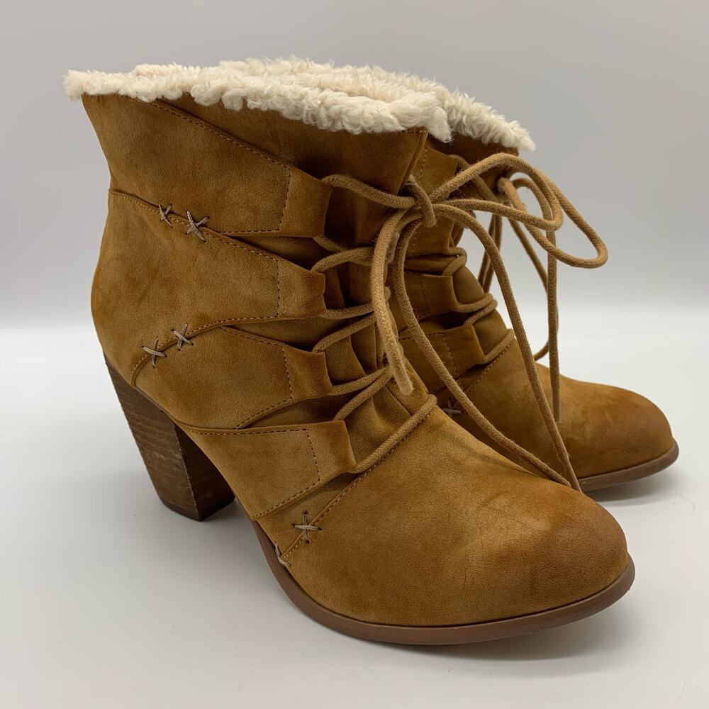 Not Rated Faux Fur Lined and Suede Brown Lace Front Zip Heel Boots Sz 8